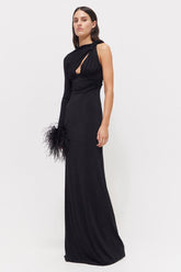 One Sleeve Feather Trim Maxi Dress